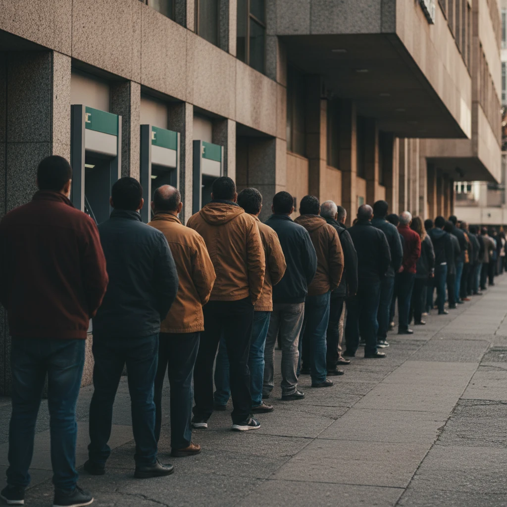 Fila de pessoas aguardando atendimento bancário em cidade brasileira