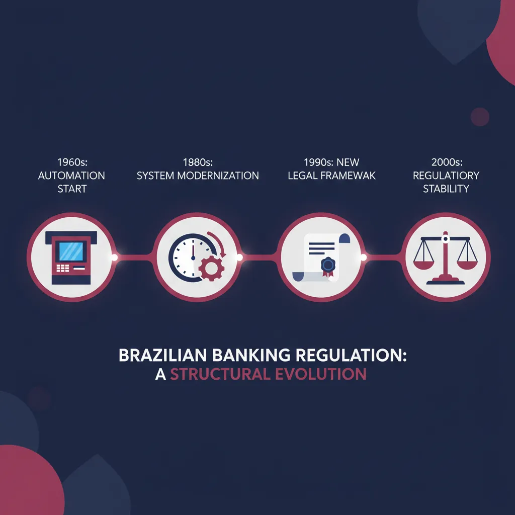 Diagrama educacional da linha do tempo de regulamentação bancária no Brasil